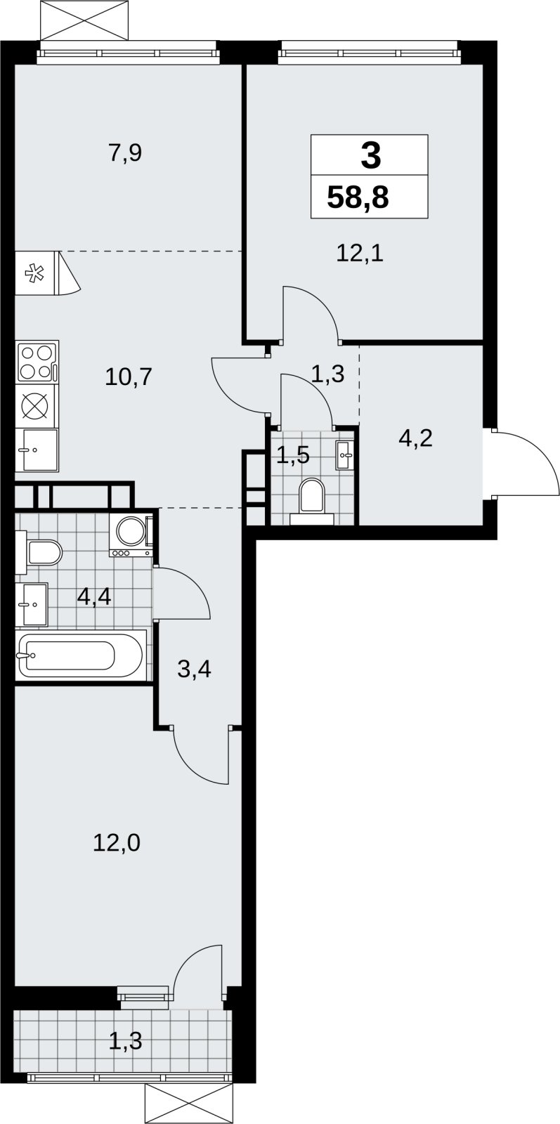 3-комнатная квартира (евро) без отделки, 58.8 м2, 10 этаж, сдача 4 квартал 2026 г., ЖК Скандинавия, корпус 2.18.2.5 - объявление 2351690 - фото №1