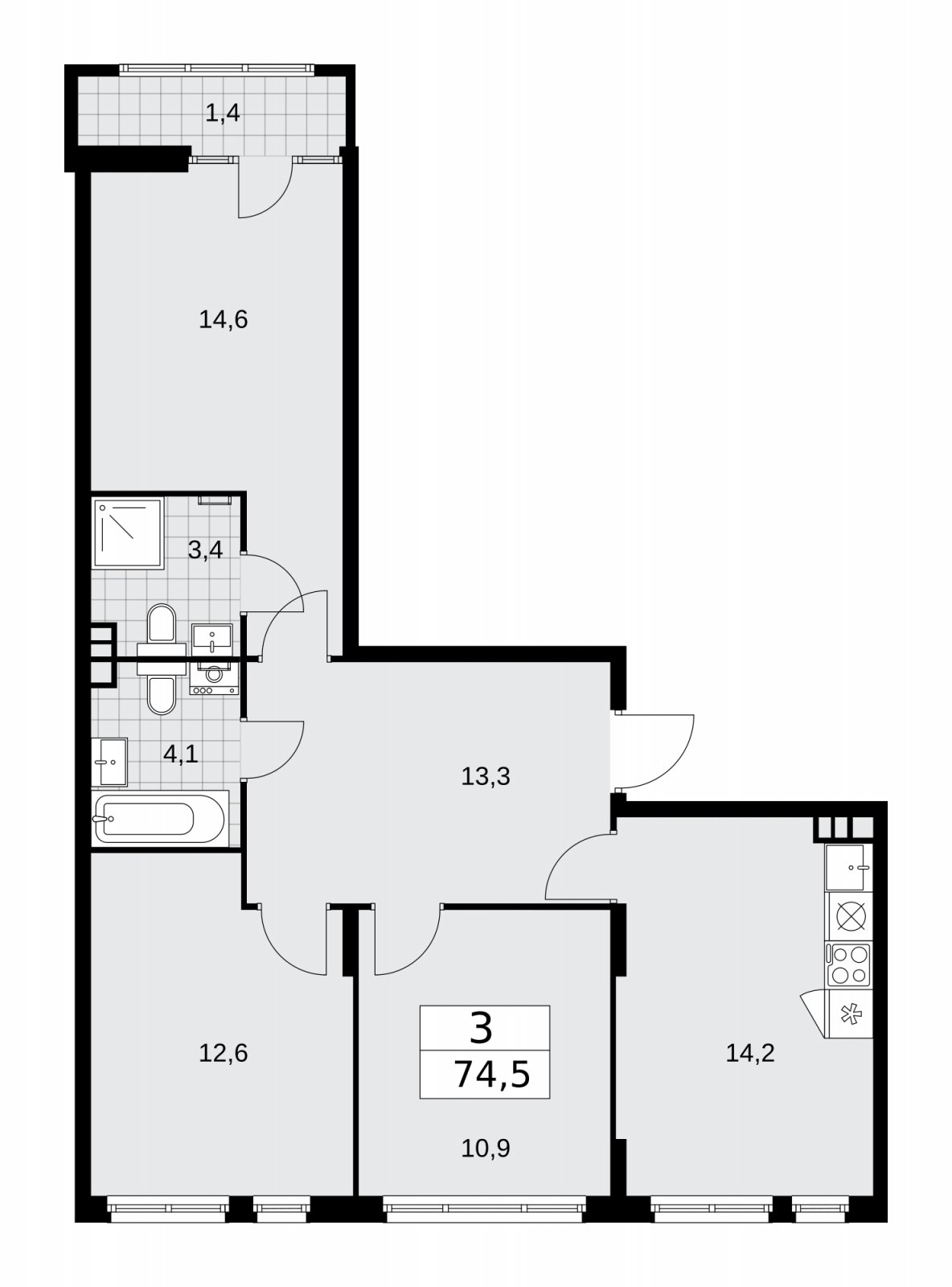 3-комнатная квартира без отделки, 74.5 м2, 5 этаж, сдача 1 квартал 2026 г., ЖК Деснаречье, корпус 4.2 - объявление 2263794 - фото №1