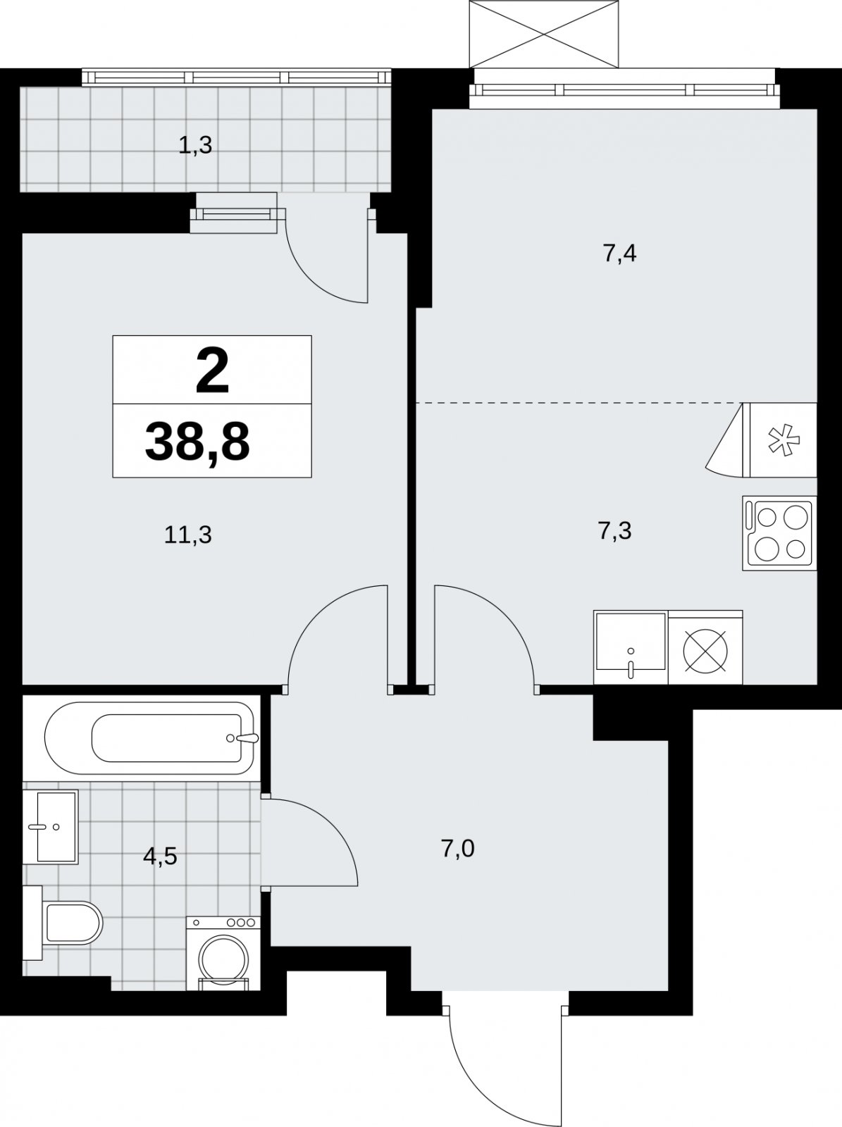 2-комнатная квартира (евро) без отделки, 38.8 м2, 2 этаж, сдача 2 квартал 2026 г., ЖК Дзен-кварталы, корпус 6.1.1 - объявление 2327130 - фото №1