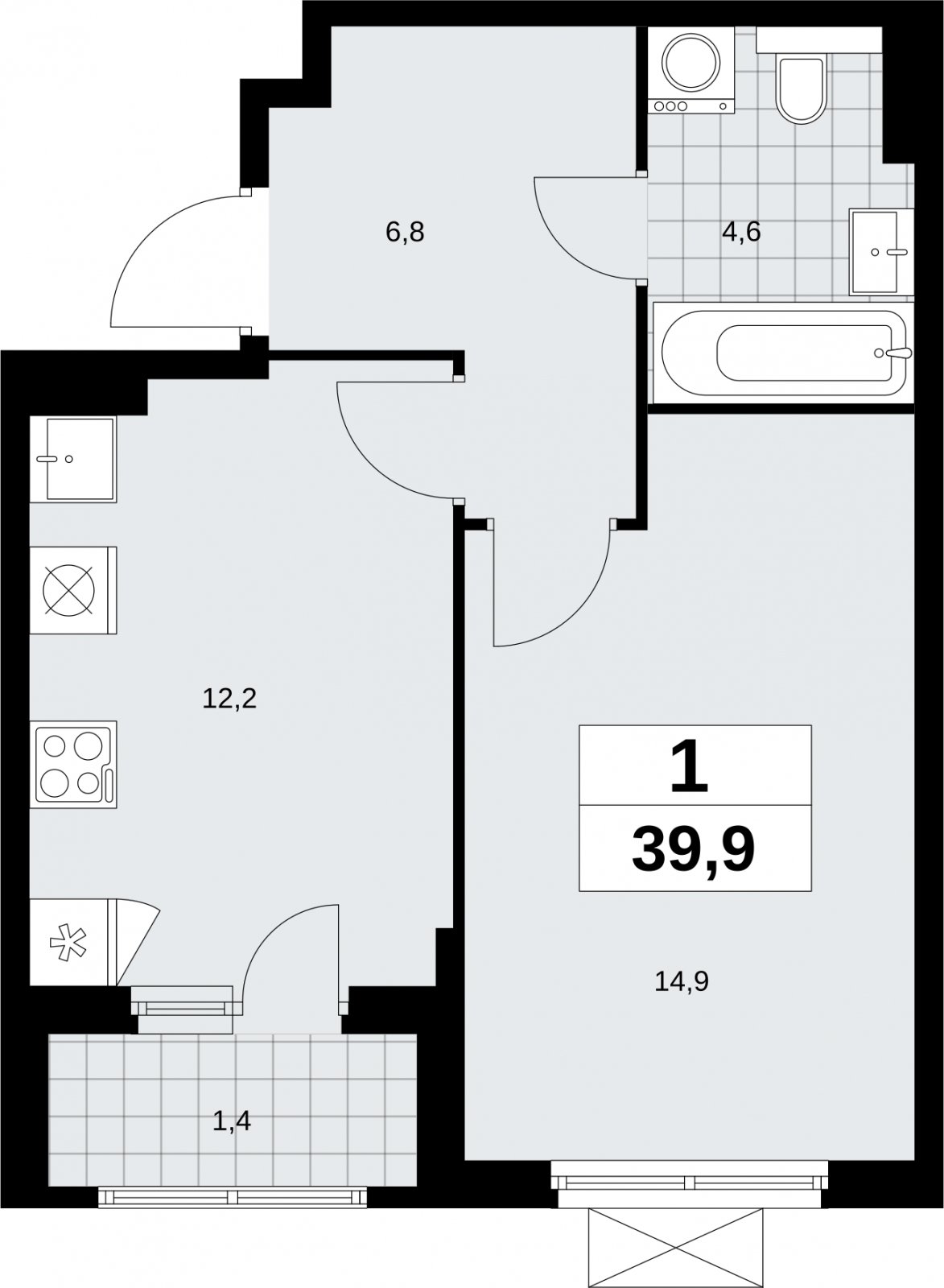 1-комнатная квартира без отделки, 39.9 м2, 7 этаж, сдача 2 квартал 2026 г., ЖК Бунинские кварталы, корпус 9.4 - объявление 2324522 - фото №1