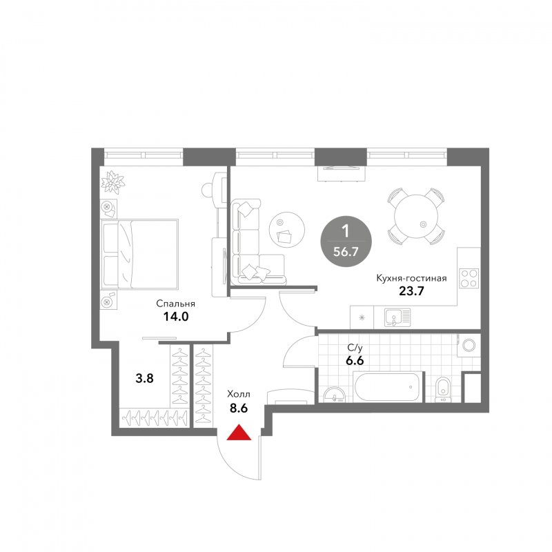 1-комнатная квартира без отделки, 56.7 м2, 7 этаж, сдача 3 квартал 2025 г., ЖК VOXHALL, корпус 2 - объявление 1785346 - фото №1