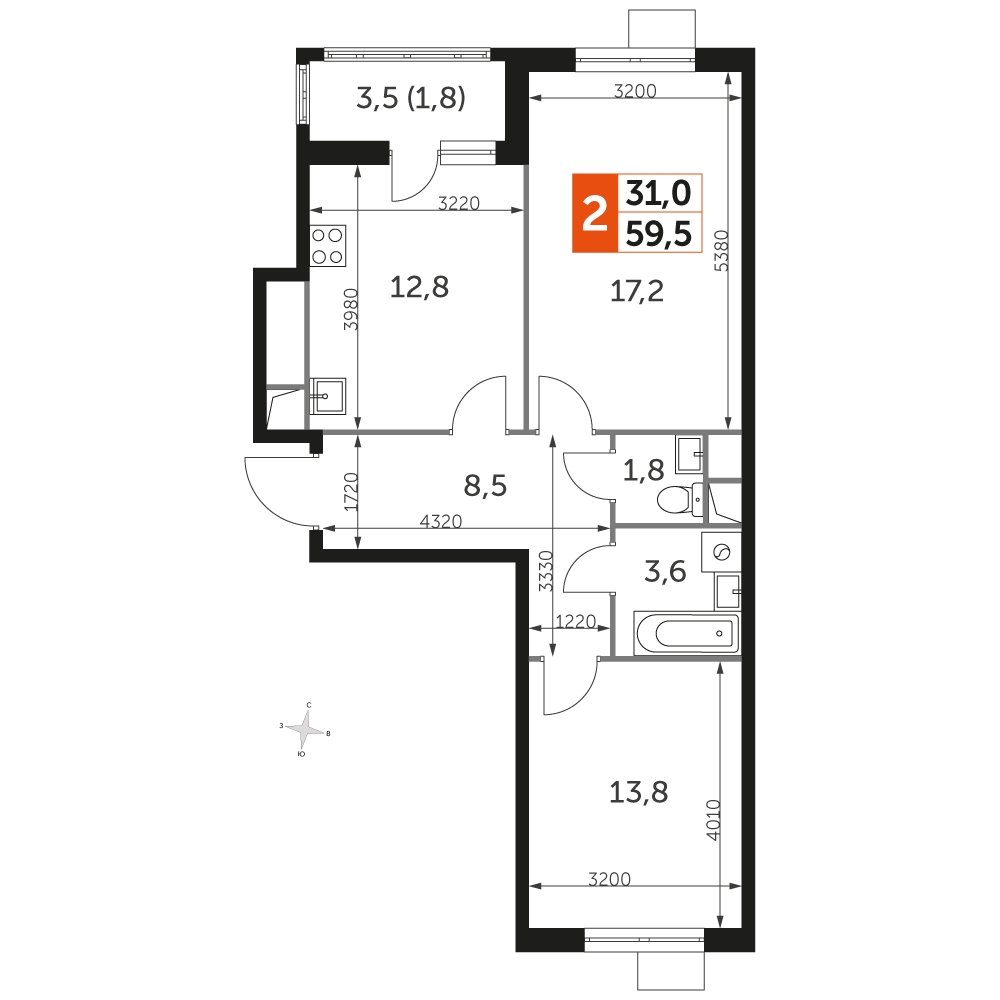 2-комнатная квартира с частичной отделкой, 59.5 м2, 2 этаж, сдача 3 квартал 2023 г., ЖК UP-квартал Римский, корпус 7 - объявление 2208444 - фото №1