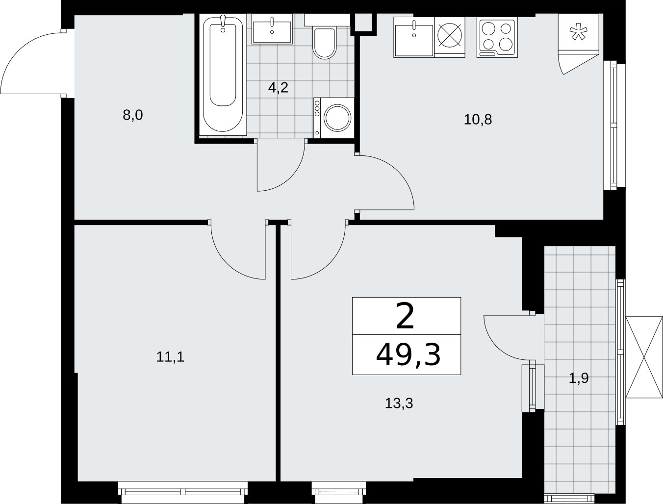 2-комнатная квартира без отделки, 49.3 м2, 2 этаж, сдача 2 квартал 2026 г., ЖК Бунинские кварталы, корпус 7.4 - объявление 2314026 - фото №1