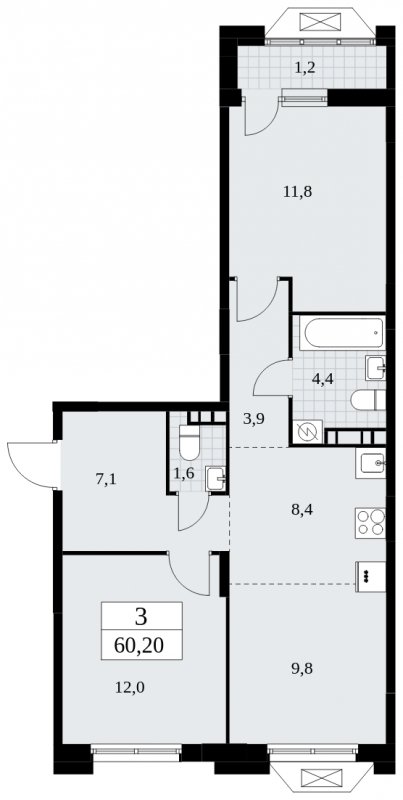 3-комнатная квартира (евро) без отделки, 60.2 м2, 5 этаж, сдача 1 квартал 2025 г., ЖК Бунинские кварталы, корпус 1.3 - объявление 1834789 - фото №1