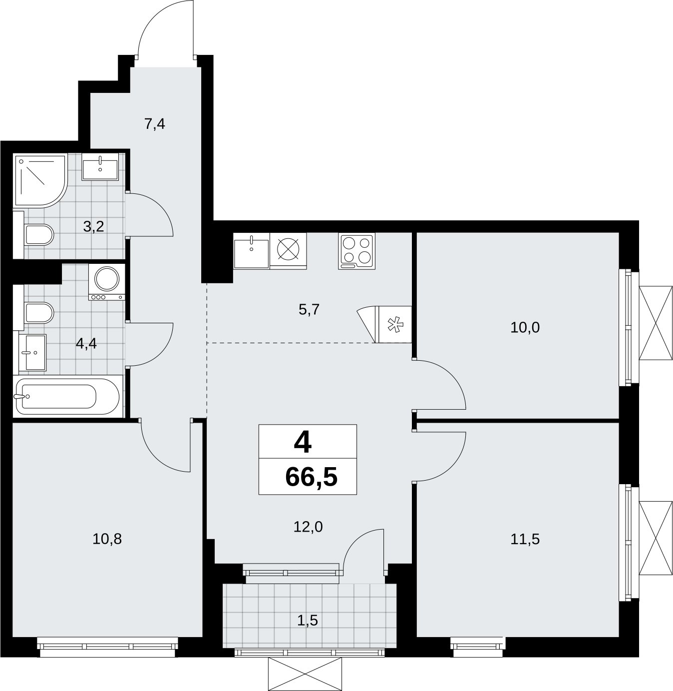 4-комнатная квартира (евро) без отделки, 66.5 м2, 8 этаж, сдача 2 квартал 2026 г., ЖК Бунинские кварталы, корпус 9.2 - объявление 2324230 - фото №1