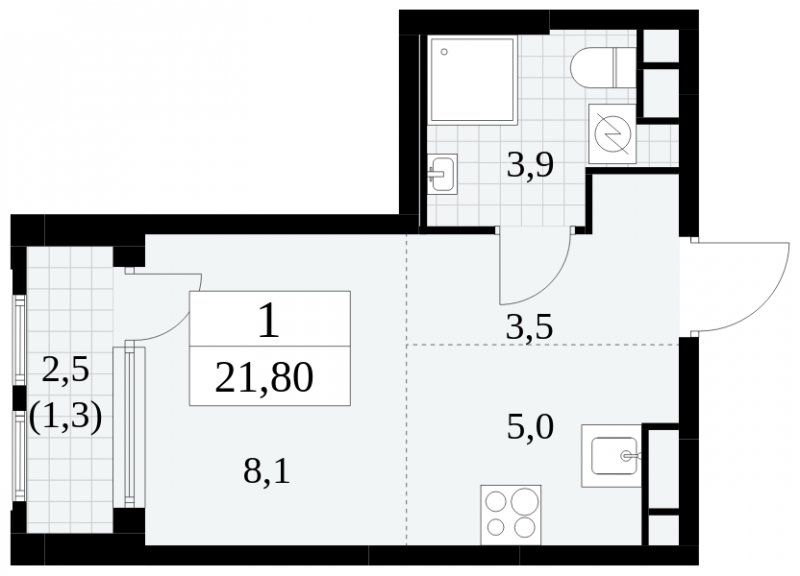 Студия с частичной отделкой, 21.8 м2, 3 этаж, сдача 2 квартал 2025 г., ЖК Южные сады, корпус 2.1 - объявление 1759937 - фото №1