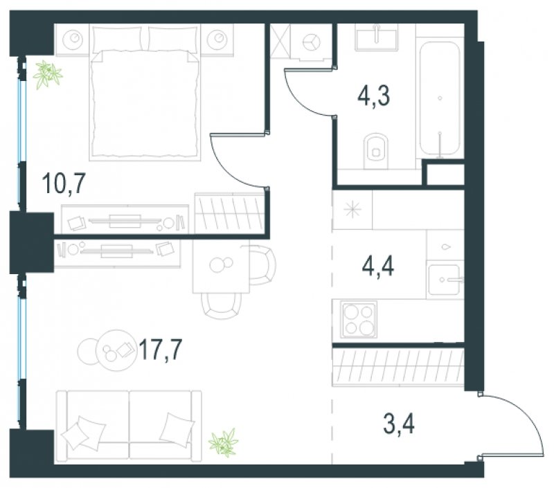 2-комнатная квартира (евро) без отделки, 40.5 м2, 2 этаж, сдача 2 квартал 2025 г., ЖК Level Мичуринский, корпус 1 - объявление 1775258 - фото №1