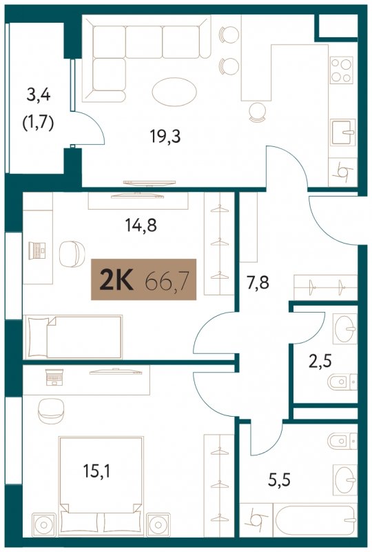 2-комнатная квартира 66.7 м2, 3 этаж, сдача 4 квартал 2022 г., ЖК Настоящее, корпус 1 - объявление 1768106 - фото №1