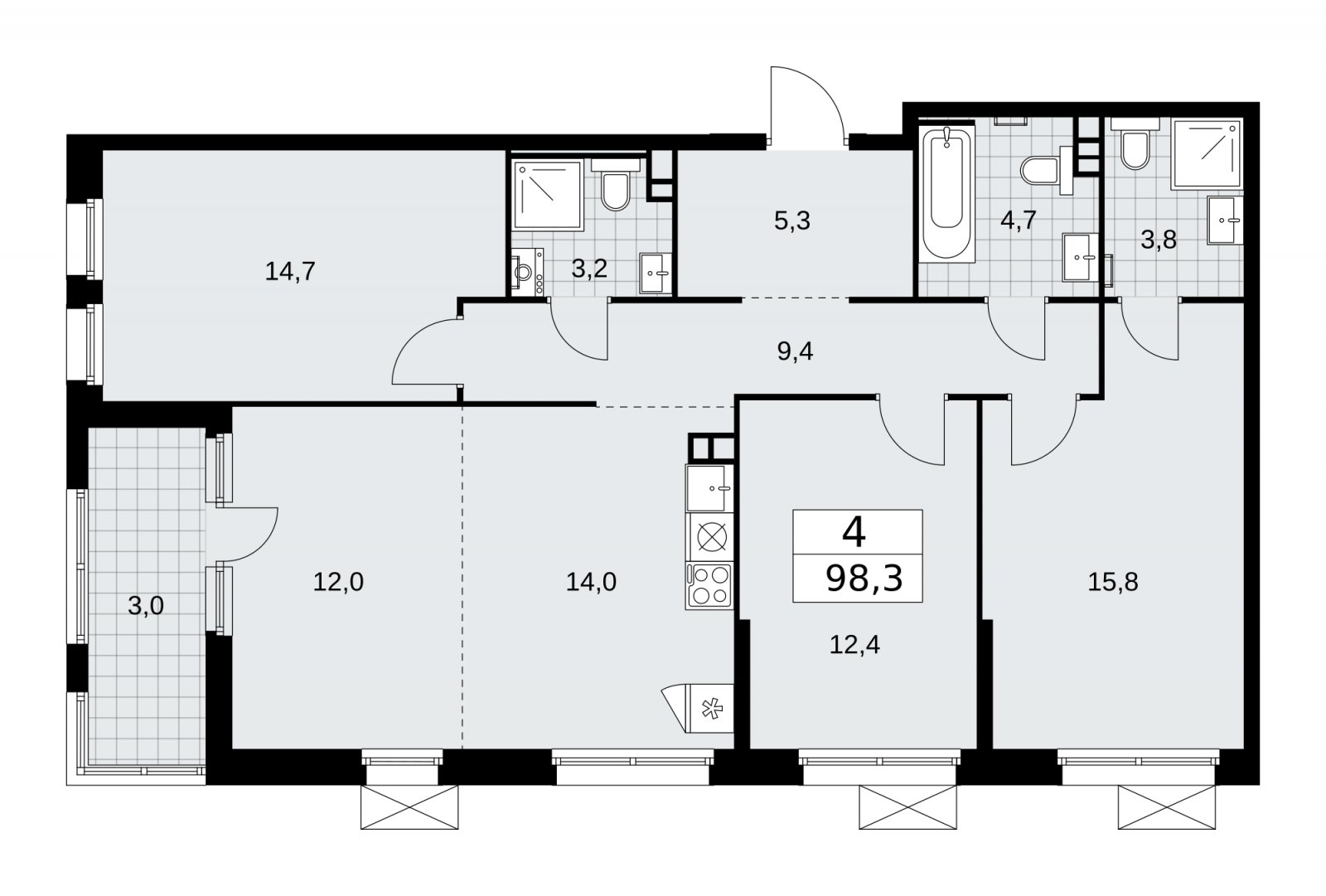 4-комнатная квартира (евро) без отделки, 98.3 м2, 3 этаж, сдача 2 квартал 2026 г., ЖК Скандинавия, корпус 25.7 - объявление 2284339 - фото №1