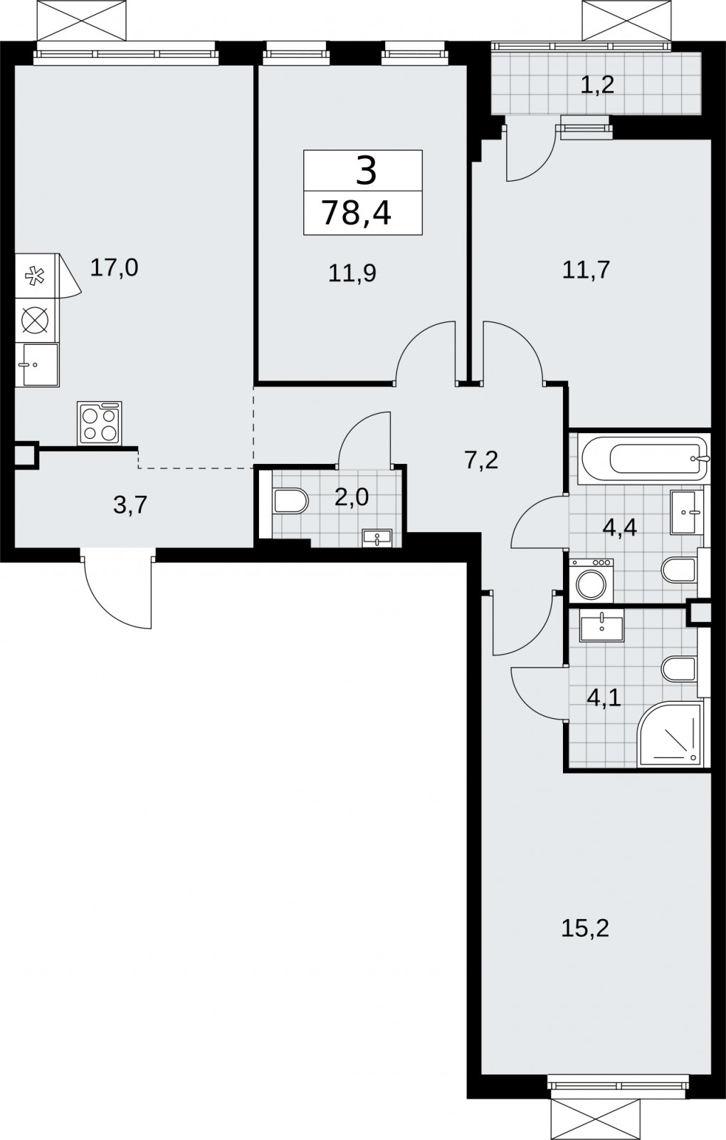 3-комнатная квартира без отделки, 78.4 м2, 2 этаж, сдача 2 квартал 2026 г., ЖК Бунинские кварталы, корпус 7.3 - объявление 2313836 - фото №1