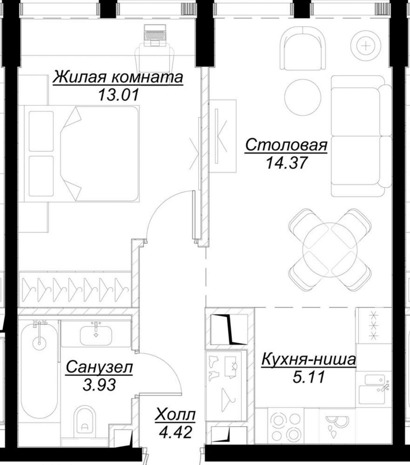 1-комнатная квартира с частичной отделкой, 40.75 м2, 28 этаж, сдача 4 квартал 2024 г., ЖК MOD, корпус Camus - объявление 2191384 - фото №1
