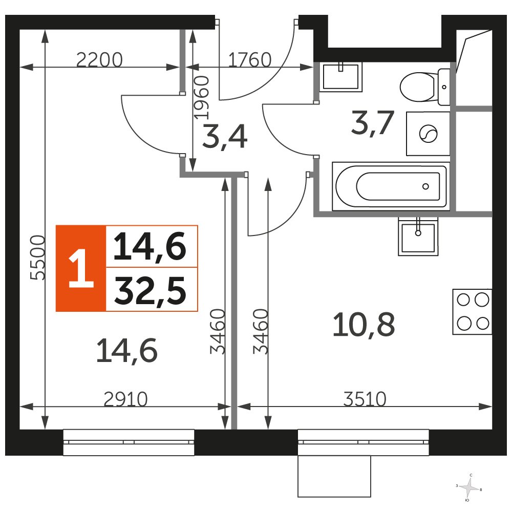 1-комнатная квартира с частичной отделкой, 32.5 м2, 10 этаж, дом сдан, ЖК UP-квартал Римский, корпус 7 - объявление 2359873 - фото №1