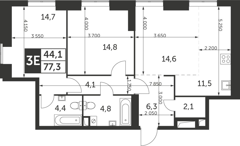 3-комнатная квартира без отделки, 77.3 м2, 37 этаж, дом сдан, ЖК Архитектор, корпус 2 - объявление 2374916 - фото №1