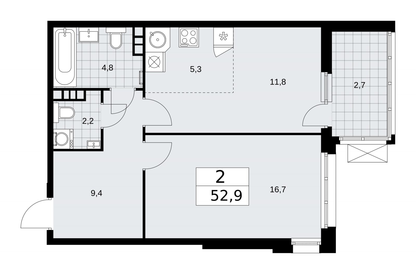 2-комнатная квартира (евро) без отделки, 52.9 м2, 7 этаж, сдача 1 квартал 2026 г., ЖК Дзен-кварталы, корпус 4.2 - объявление 2251503 - фото №1