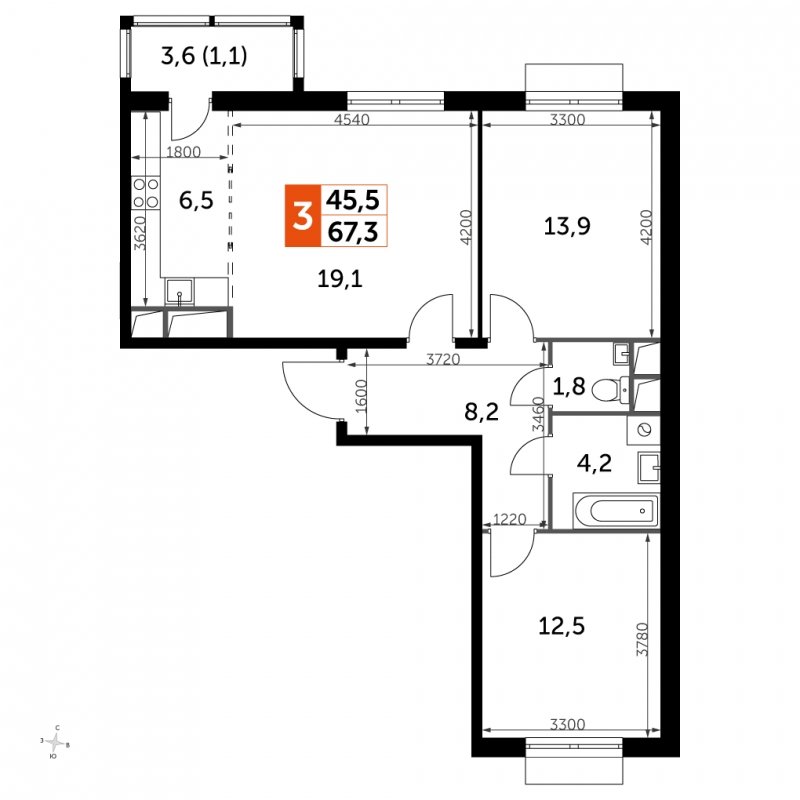 3-комнатная квартира с частичной отделкой, 67.3 м2, 6 этаж, сдача 3 квартал 2023 г., ЖК UP-квартал Римский, корпус 7 - объявление 1857192 - фото №1