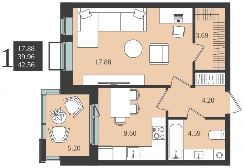 1-комнатная квартира без отделки, 42.56 м2, 2 этаж, сдача 1 квартал 2024 г., ЖК Мишино-2, корпус 7 - объявление 1748186 - фото №1