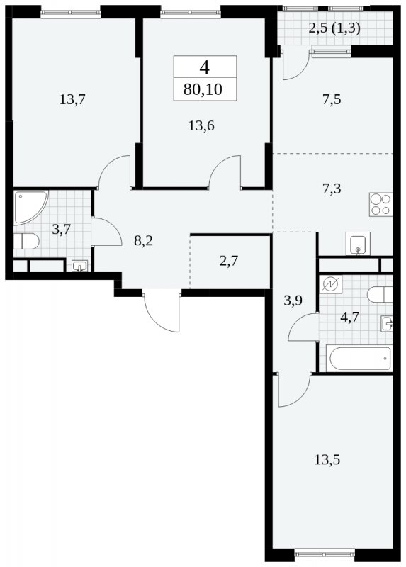4-комнатная квартира (евро) с частичной отделкой, 80.1 м2, 4 этаж, сдача 2 квартал 2025 г., ЖК Южные сады, корпус 2.1 - объявление 1760099 - фото №1
