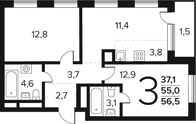 3-комнатная квартира (евро) без отделки, 56.5 м2, 10 этаж, сдача 4 квартал 2027 г., ЖК Новые Ватутинки. Заречный, корпус 6/2 - объявление 2458588 - фото №1