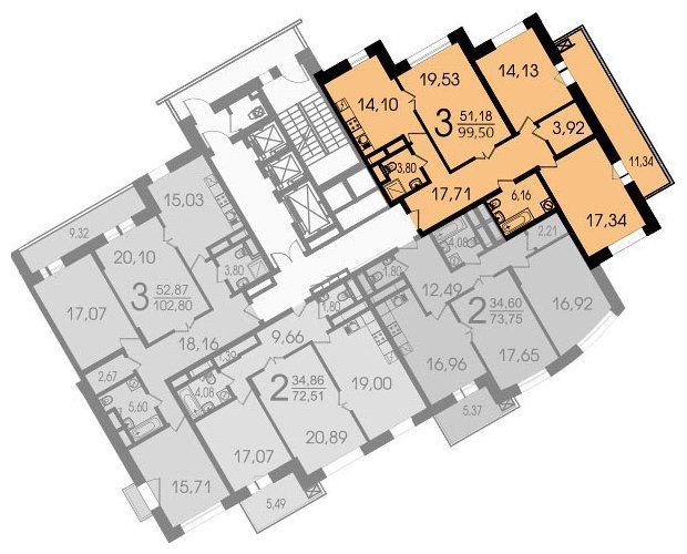 3-комнатная квартира без отделки, 99.5 м2, 19 этаж, дом сдан, ЖК Лобачевский, корпус 5 - объявление 1540525 - фото №1