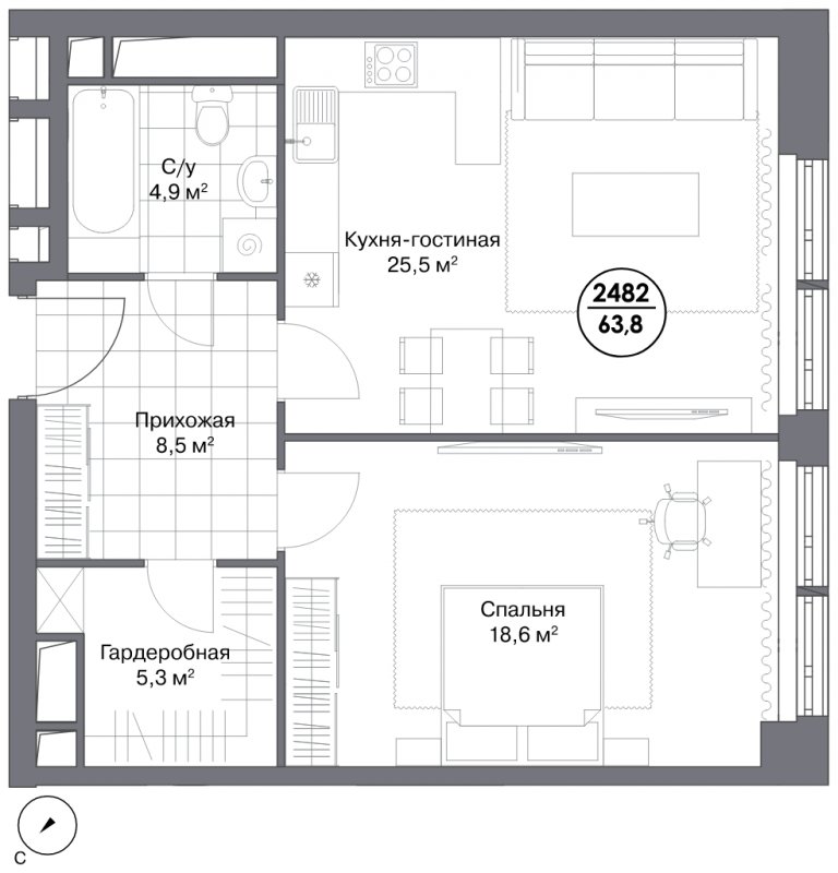 1-комнатные апартаменты 63.8 м2, 24 этаж, дом сдан, ЖК Match Point, корпус 1 - объявление 1601021 - фото №1