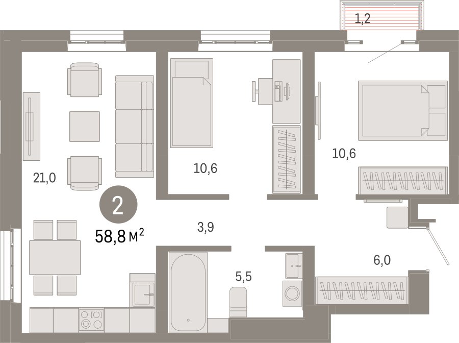 2-комнатная квартира с частичной отделкой, 58.8 м2, 23 этаж, сдача 3 квартал 2026 г., ЖК Квартал Метроном, корпус 1 - объявление 2358204 - фото №1