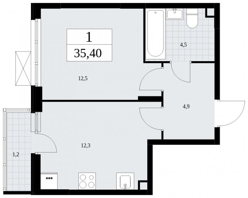 1-комнатная квартира без отделки, 35.4 м2, 2 этаж, сдача 4 квартал 2024 г., ЖК Скандинавия, корпус 35.2.1 - объявление 1840927 - фото №1