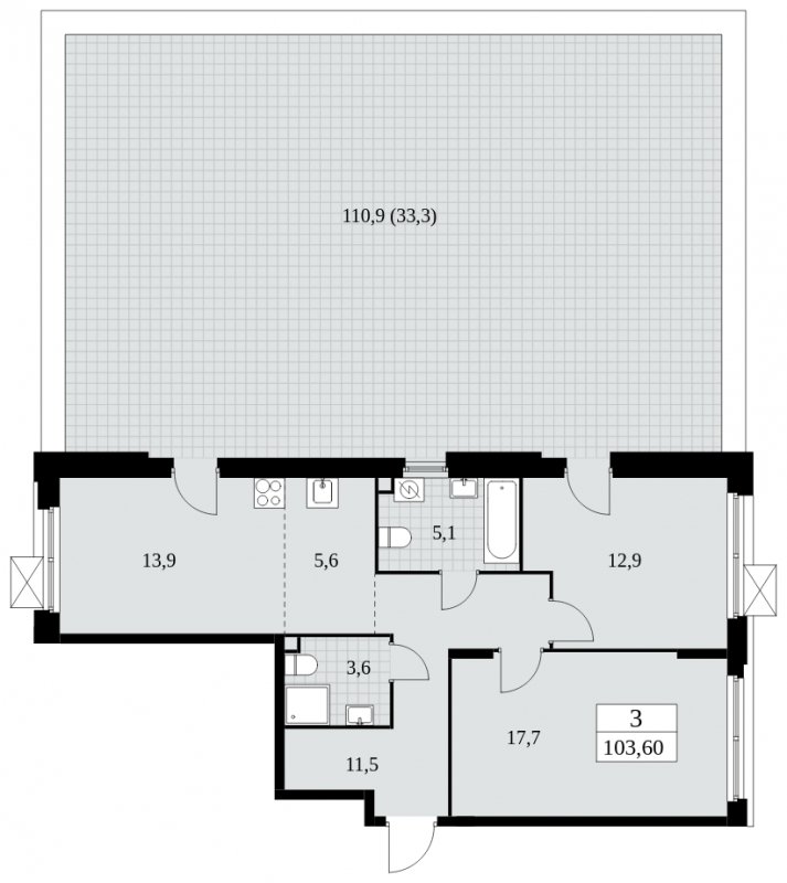 3-комнатная квартира (евро) без отделки, 103.6 м2, 2 этаж, сдача 4 квартал 2024 г., ЖК Скандинавия, корпус 2.27.3 - объявление 1840623 - фото №1