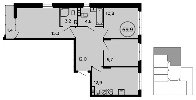 3-комнатная квартира без отделки, 69.9 м2, 3 этаж, сдача 1 квартал 2023 г., ЖК Скандинавия, корпус 2.14.1 - объявление 1499382 - фото №1