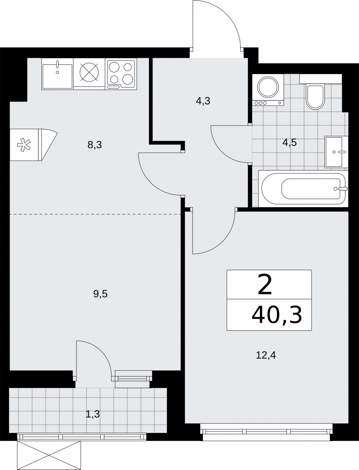 2-комнатная квартира (евро) с полной отделкой, 40.3 м2, 4 этаж, сдача 2 квартал 2026 г., ЖК Бунинские кварталы, корпус 7.1 - объявление 2319573 - фото №1