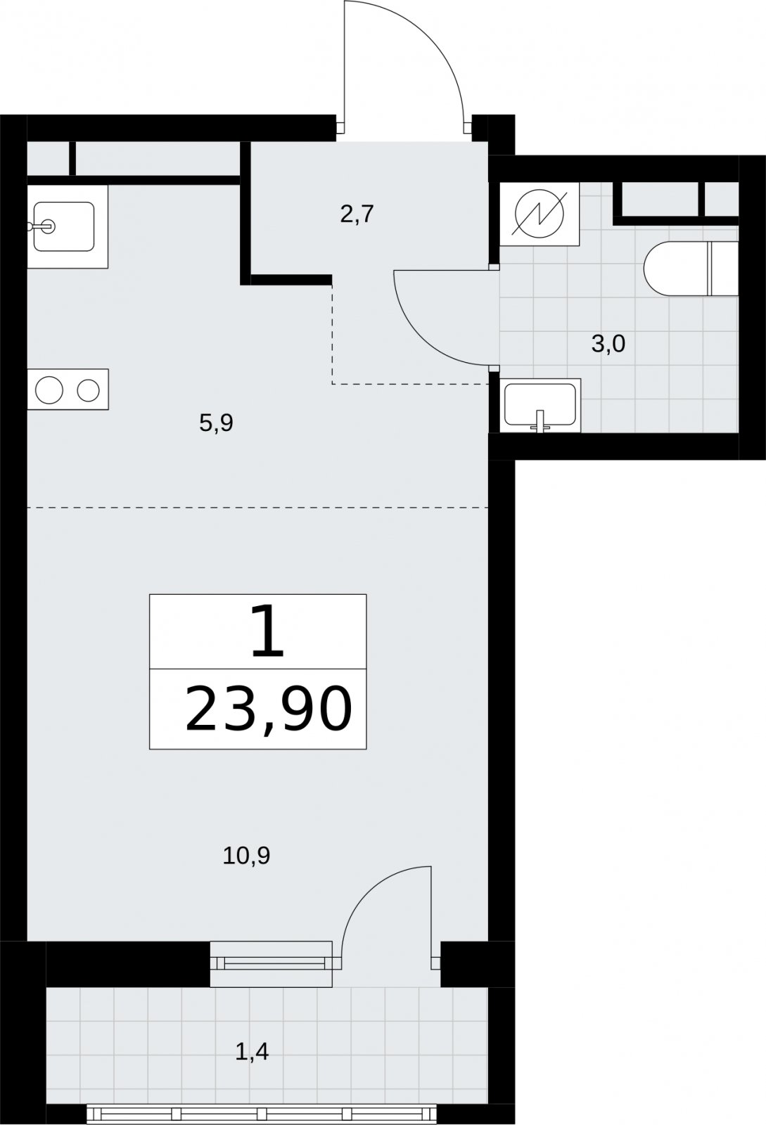 Студия с полной отделкой, 23.9 м2, 4 этаж, сдача 4 квартал 2026 г., ЖК Родные кварталы, корпус 1.2 - объявление 2317766 - фото №1