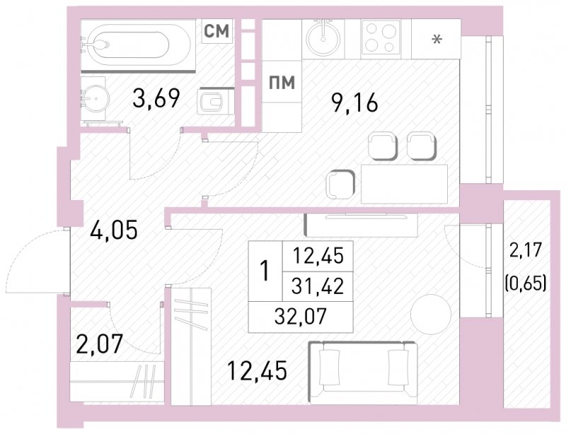 1-комнатная квартира с полной отделкой, 32.07 м2, 13 этаж, сдача 2 квартал 2023 г., ЖК Столичный, корпус 24 - объявление 1651205 - фото №1