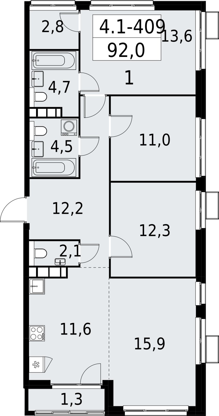 4-комнатная квартира (евро) с полной отделкой, 92 м2, 30 этаж, сдача 2 квартал 2027 г., ЖК Южные сады, корпус 4.1.2 - объявление 2392915 - фото №1