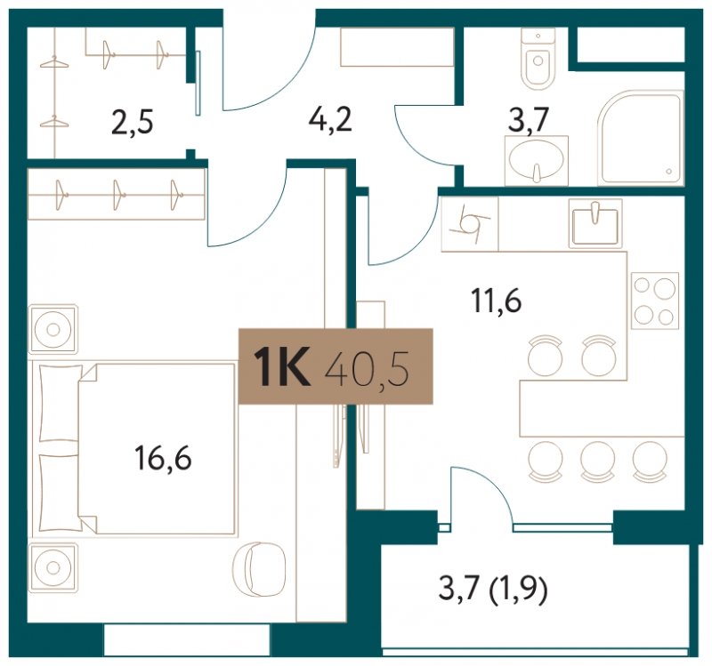 1-комнатная квартира 40.5 м2, 8 этаж, сдача 4 квартал 2022 г., ЖК Настоящее, корпус 1 - объявление 1711402 - фото №1
