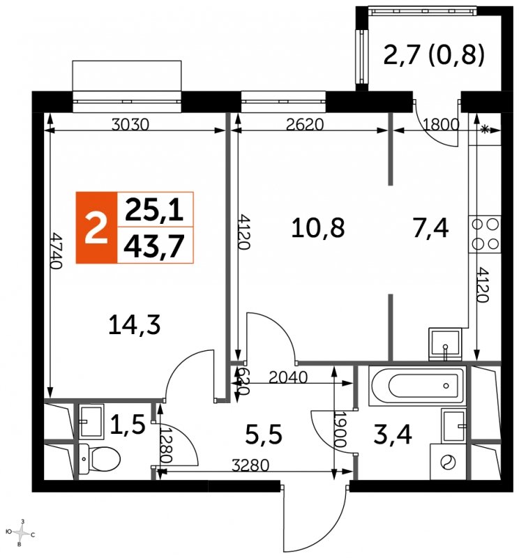2-комнатная квартира с частичной отделкой, 43.7 м2, 2 этаж, сдача 3 квартал 2023 г., ЖК UP-квартал Римский, корпус 7 - объявление 1608270 - фото №1