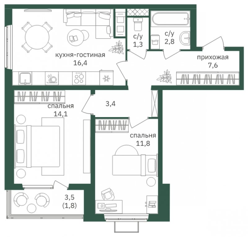 2-комнатная квартира с полной отделкой, 59.3 м2, 23 этаж, дом сдан, ЖК Зеленая Вертикаль, корпус 1 - объявление 1904234 - фото №1