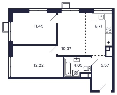 2-комнатная квартира без отделки, 52.07 м2, 26 этаж, сдача 2 квартал 2025 г., ЖК Квартал Тетрис, корпус "Квартал Тетрис 2.2" - объявление 2346928 - фото №1