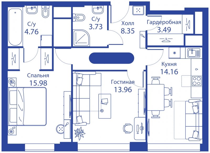 2-комнатная квартира без отделки, 64.42 м2, 29 этаж, сдача 4 квартал 2023 г., ЖК iLove, корпус 5 - объявление 1703155 - фото №1