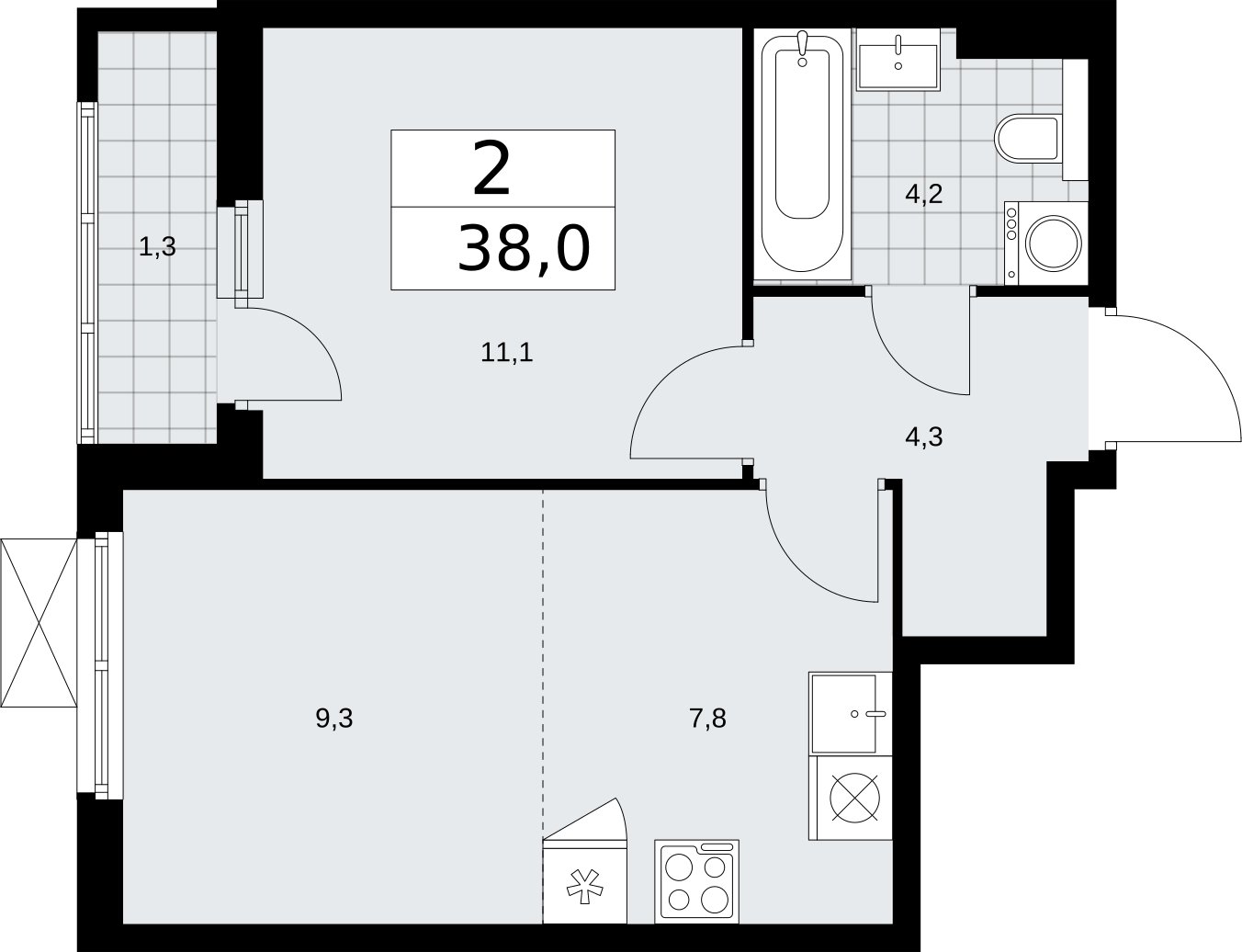 2-комнатная квартира (евро) с полной отделкой, 38 м2, 2 этаж, сдача 2 квартал 2026 г., ЖК Бунинские кварталы, корпус 7.1 - объявление 2319417 - фото №1