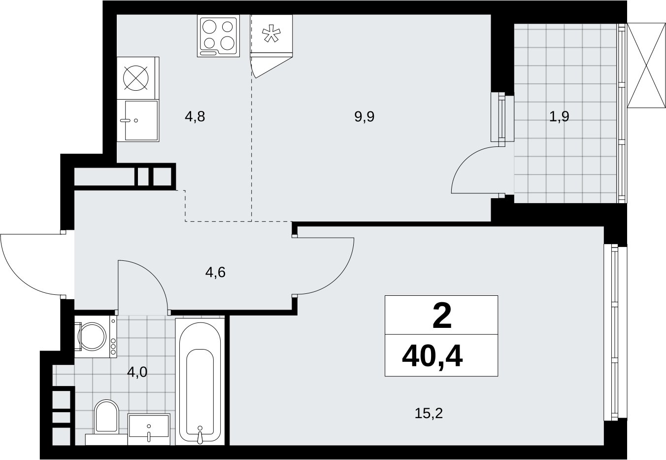 2-комнатная квартира (евро) без отделки, 40.4 м2, 4 этаж, сдача 4 квартал 2026 г., ЖК Скандинавия, корпус 2.18.1.2 - объявление 2350641 - фото №1