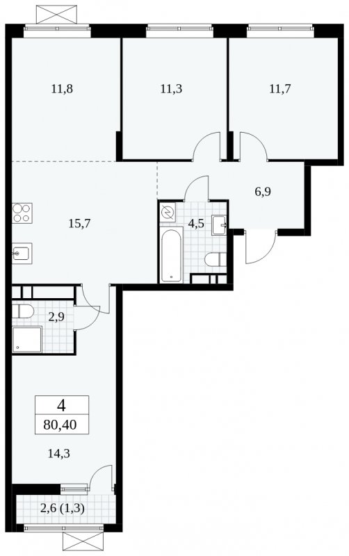 4-комнатная квартира (евро) без отделки, 80.4 м2, 14 этаж, сдача 1 квартал 2025 г., ЖК Прокшино, корпус 5.2.4 - объявление 1900792 - фото №1