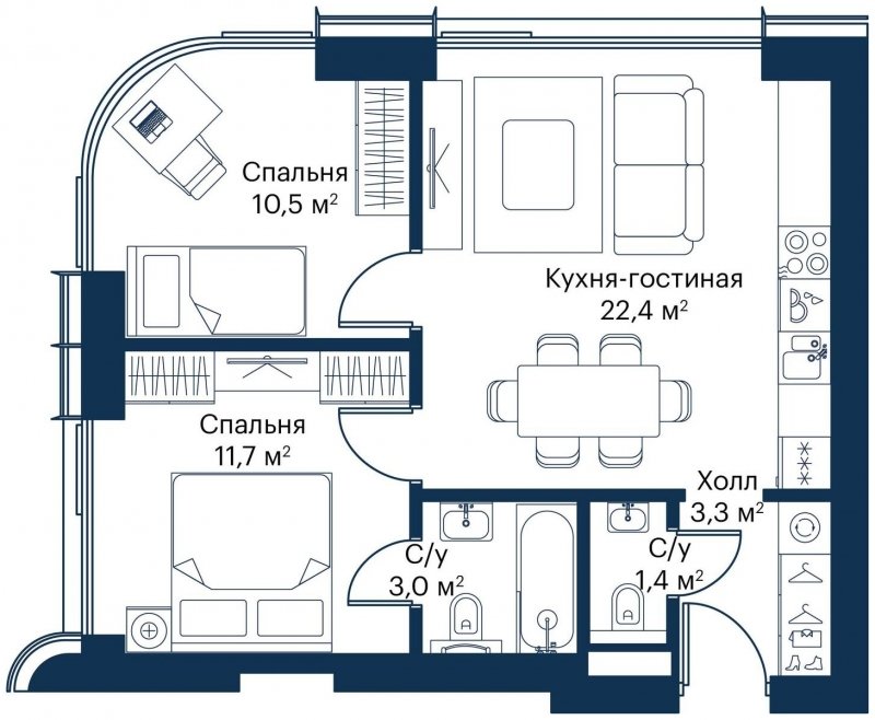 2-комнатная квартира с частичной отделкой, 52.3 м2, 4 этаж, сдача 4 квартал 2023 г., ЖК City Bay, корпус Atlantic Ocean 1 - объявление 1645400 - фото №1