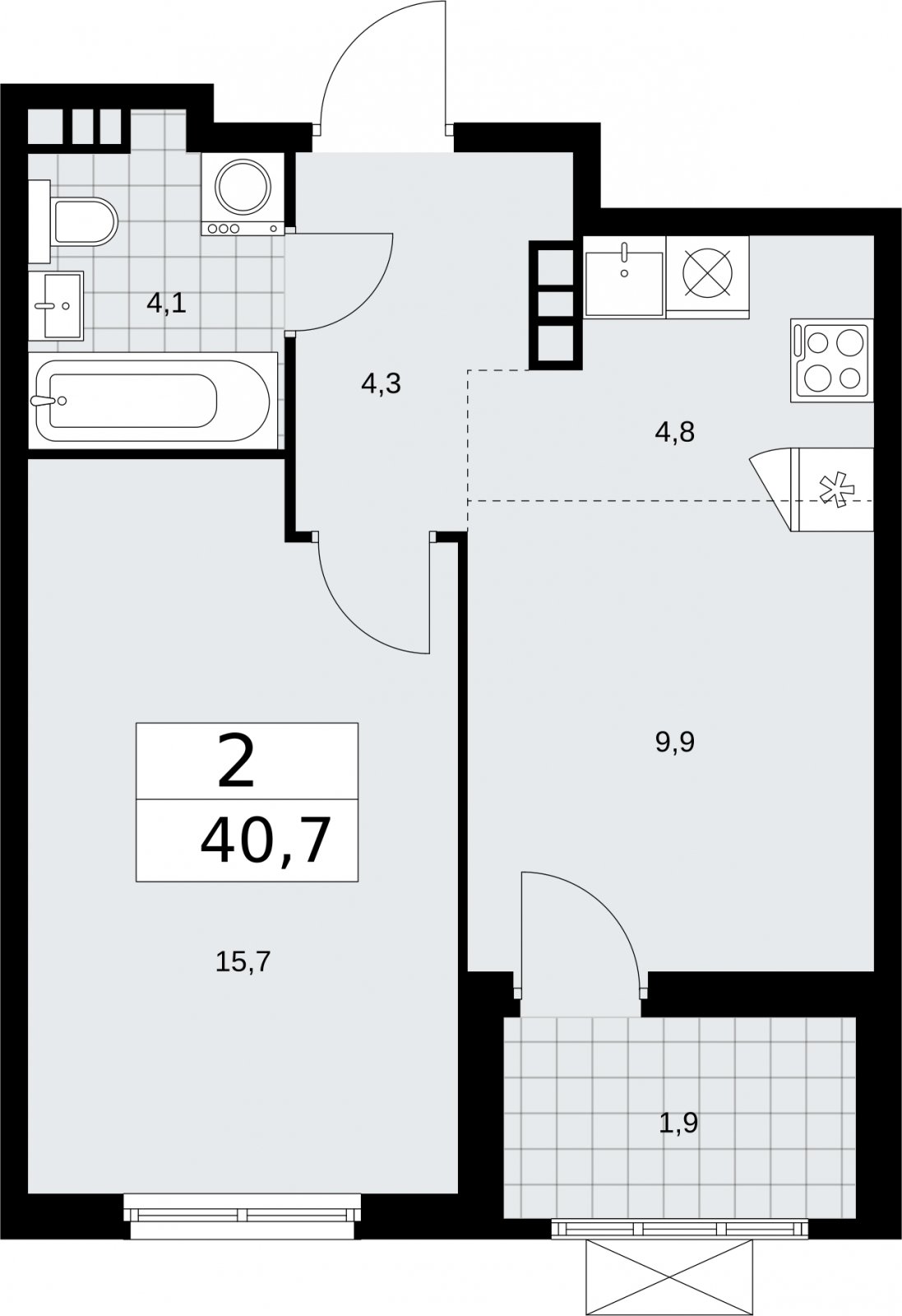 2-комнатная квартира (евро) без отделки, 40.7 м2, 7 этаж, сдача 2 квартал 2026 г., ЖК Бунинские кварталы, корпус 5.3 - объявление 2297545 - фото №1