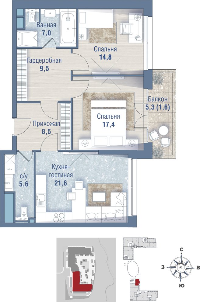 2-комнатная квартира без отделки, 88.9 м2, 2 этаж, дом сдан, ЖК РЕКА, корпус 1 - объявление 2407616 - фото №1