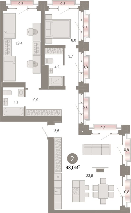 2-комнатная квартира с частичной отделкой, 93 м2, 30 этаж, сдача 3 квартал 2026 г., ЖК Квартал Метроном, корпус 1 - объявление 2300775 - фото №1
