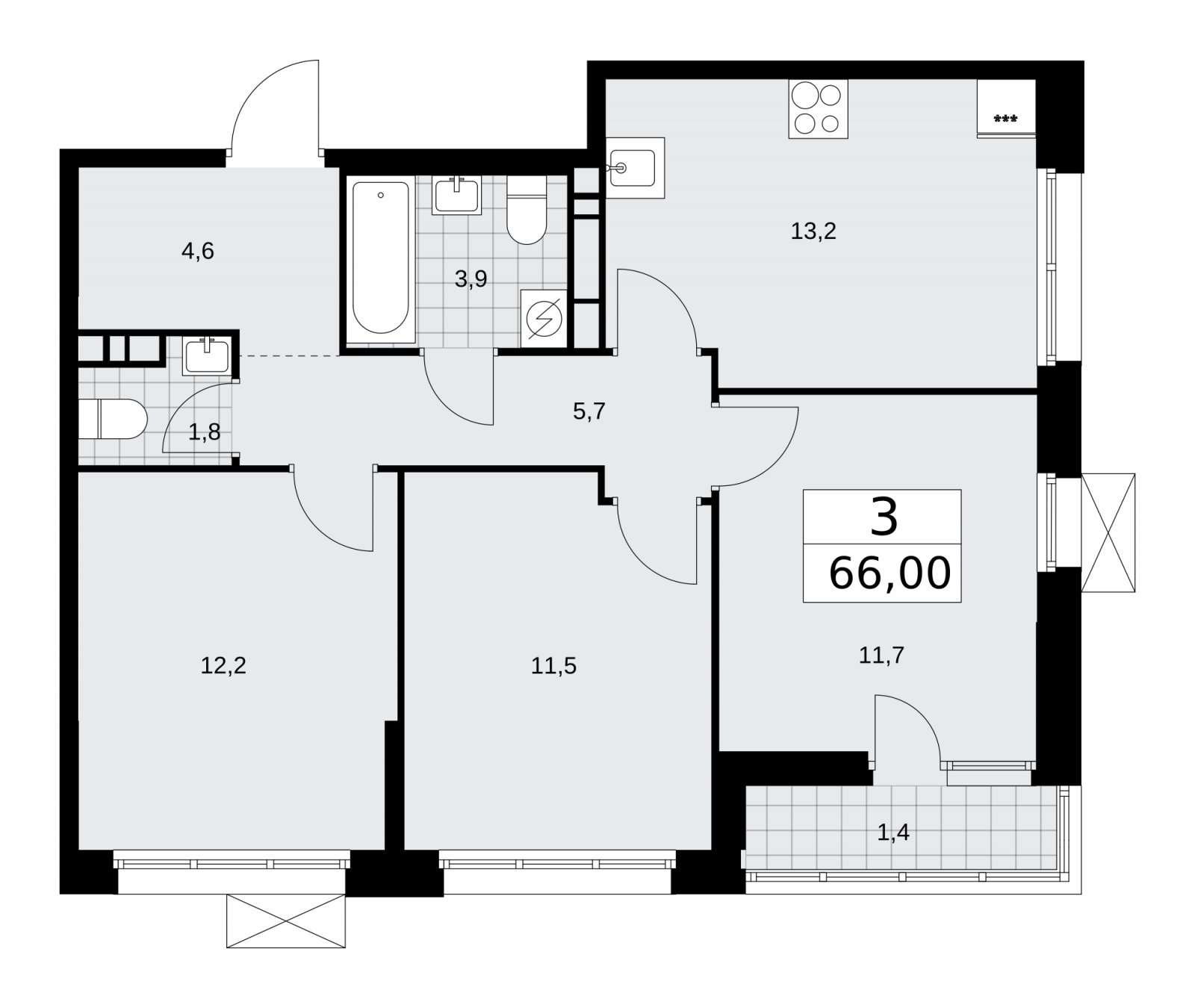 3-комнатная квартира с частичной отделкой, 66 м2, 7 этаж, сдача 4 квартал 2025 г., ЖК Бунинские кварталы, корпус 3.3 - объявление 2152019 - фото №1