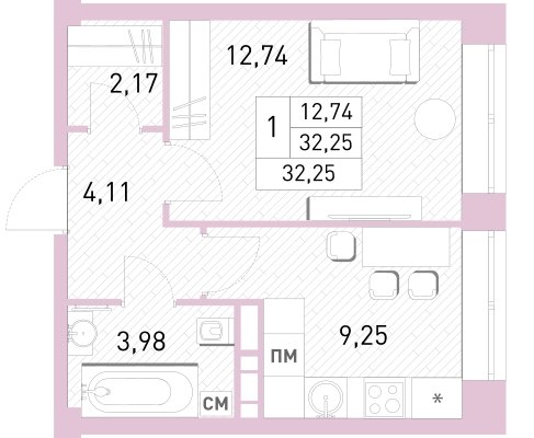1-комнатная квартира с полной отделкой, 32.1 м2, 4 этаж, сдача 2 квартал 2023 г., ЖК Столичный, корпус 24 - объявление 2155057 - фото №1