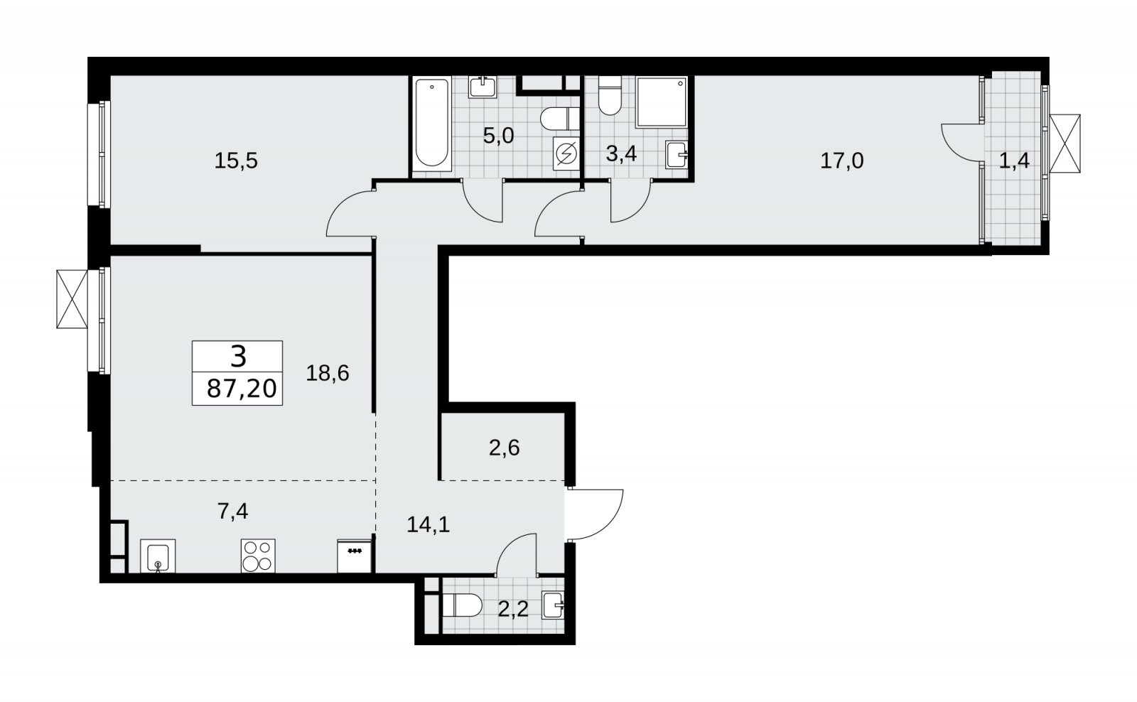 3-комнатная квартира (евро) с частичной отделкой, 87.2 м2, 13 этаж, сдача 1 квартал 2026 г., ЖК Дом на Зорге, корпус 25 - объявление 2221110 - фото №1