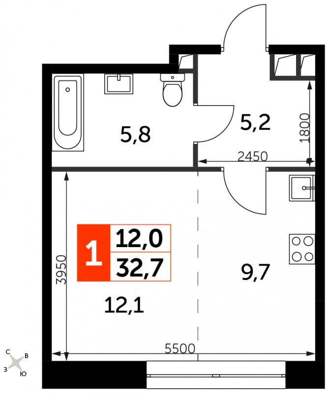 Студия с частичной отделкой, 32.7 м2, 7 этаж, сдача 3 квартал 2024 г., ЖК Sydney City, корпус 2.1 - объявление 1685431 - фото №1