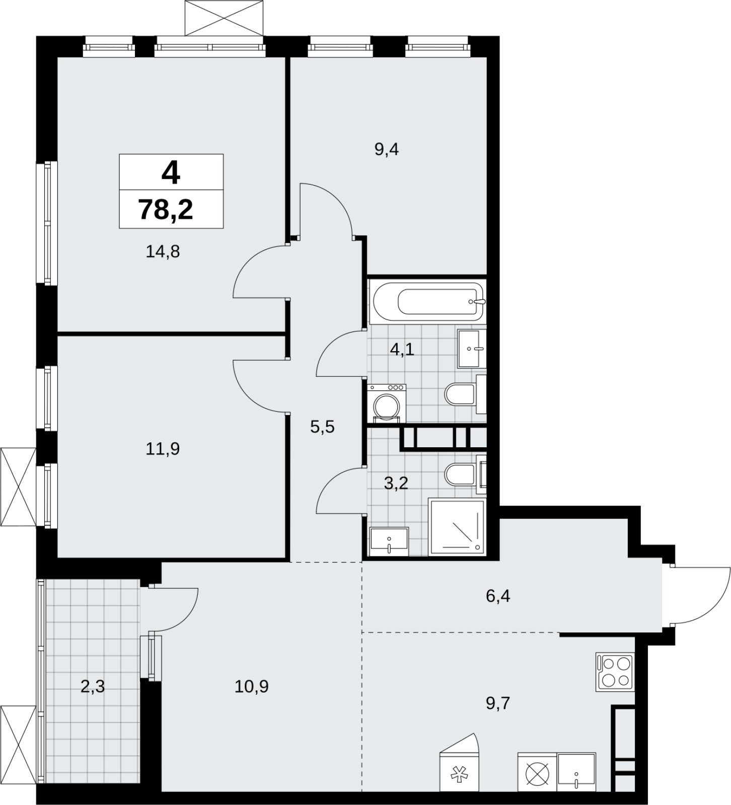 4-комнатная квартира (евро) без отделки, 78.2 м2, 10 этаж, сдача 4 квартал 2026 г., ЖК Скандинавия, корпус 2.18.1.4 - объявление 2351010 - фото №1