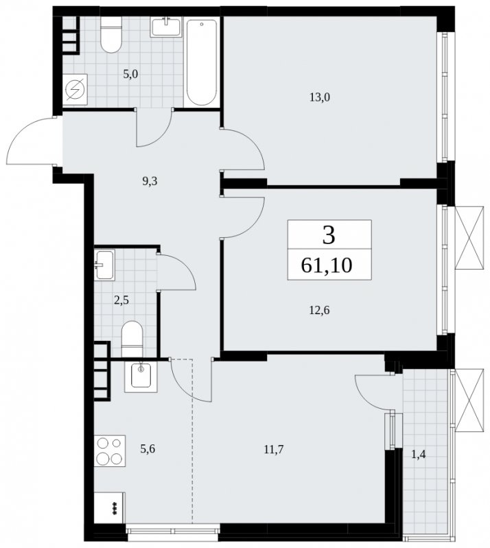 3-комнатная квартира (евро) без отделки, 61.1 м2, 4 этаж, сдача 4 квартал 2024 г., ЖК Скандинавия, корпус 35.2.2 - объявление 1841133 - фото №1